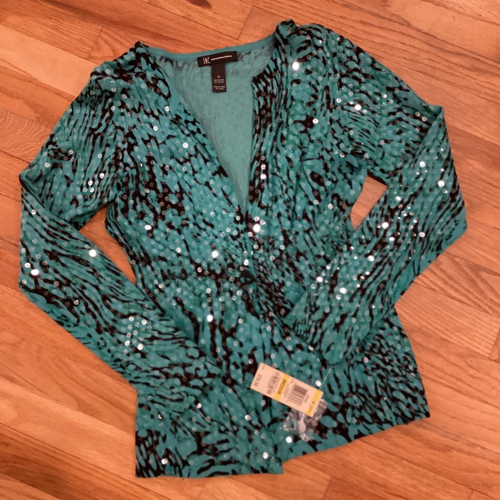 INC International Concepts, Teal & Black, Sequined New Sweater, Size M